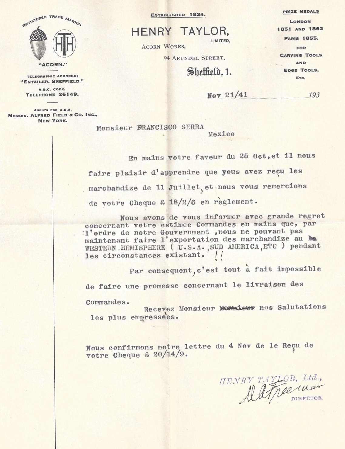 Carta Casa Serra Henry Taylor